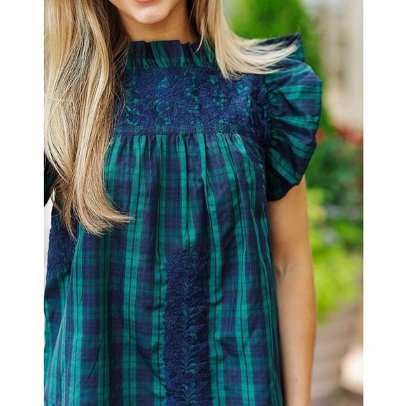 J.Marie Joyce Embroidered Ruffle Neck Cap Sleeve Plaid Top - Picture 6 of 12